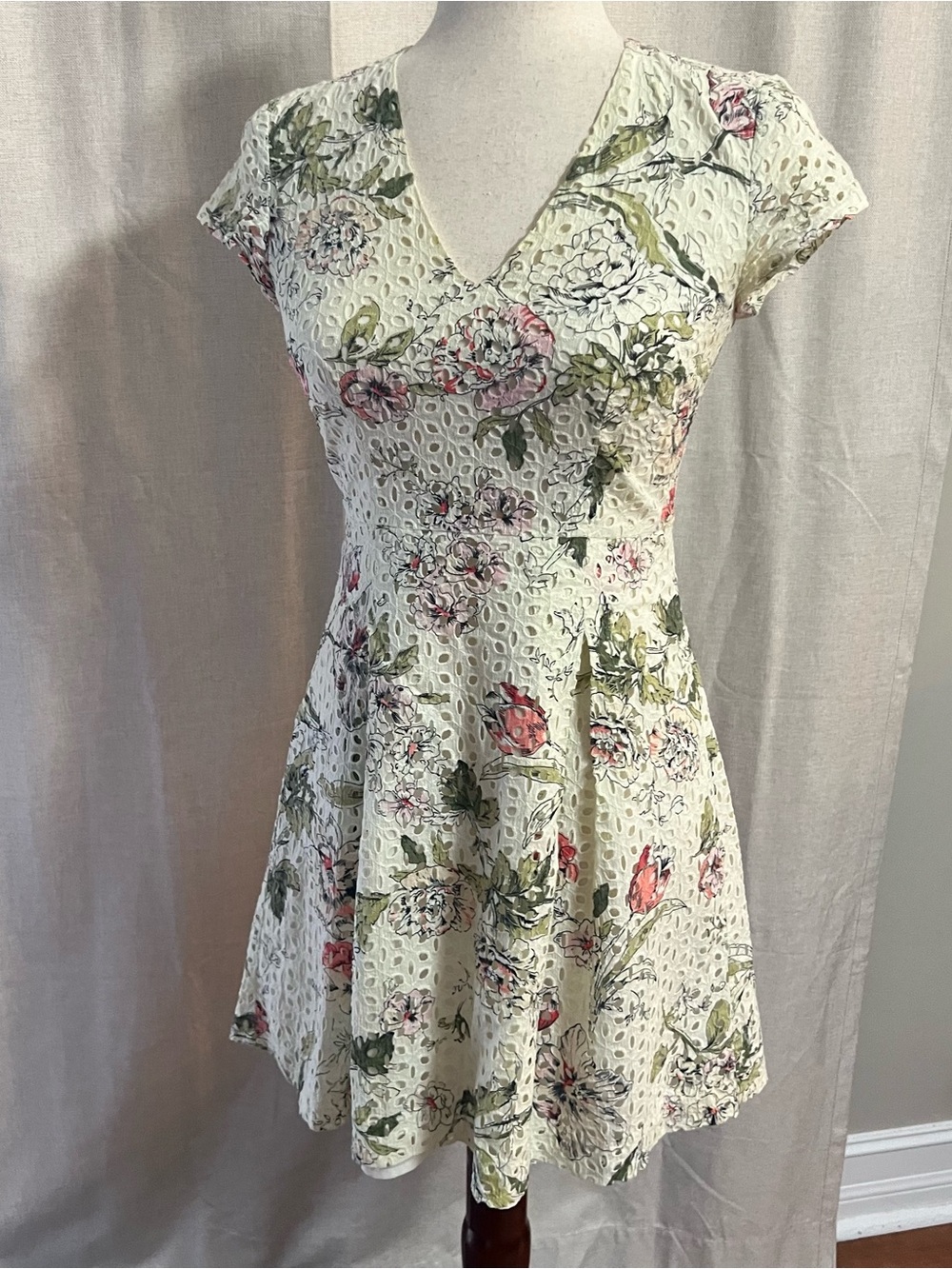 Ann Taylor Cream Eyelet Fit-and-Flare Dress with Pink & Green Floral Print